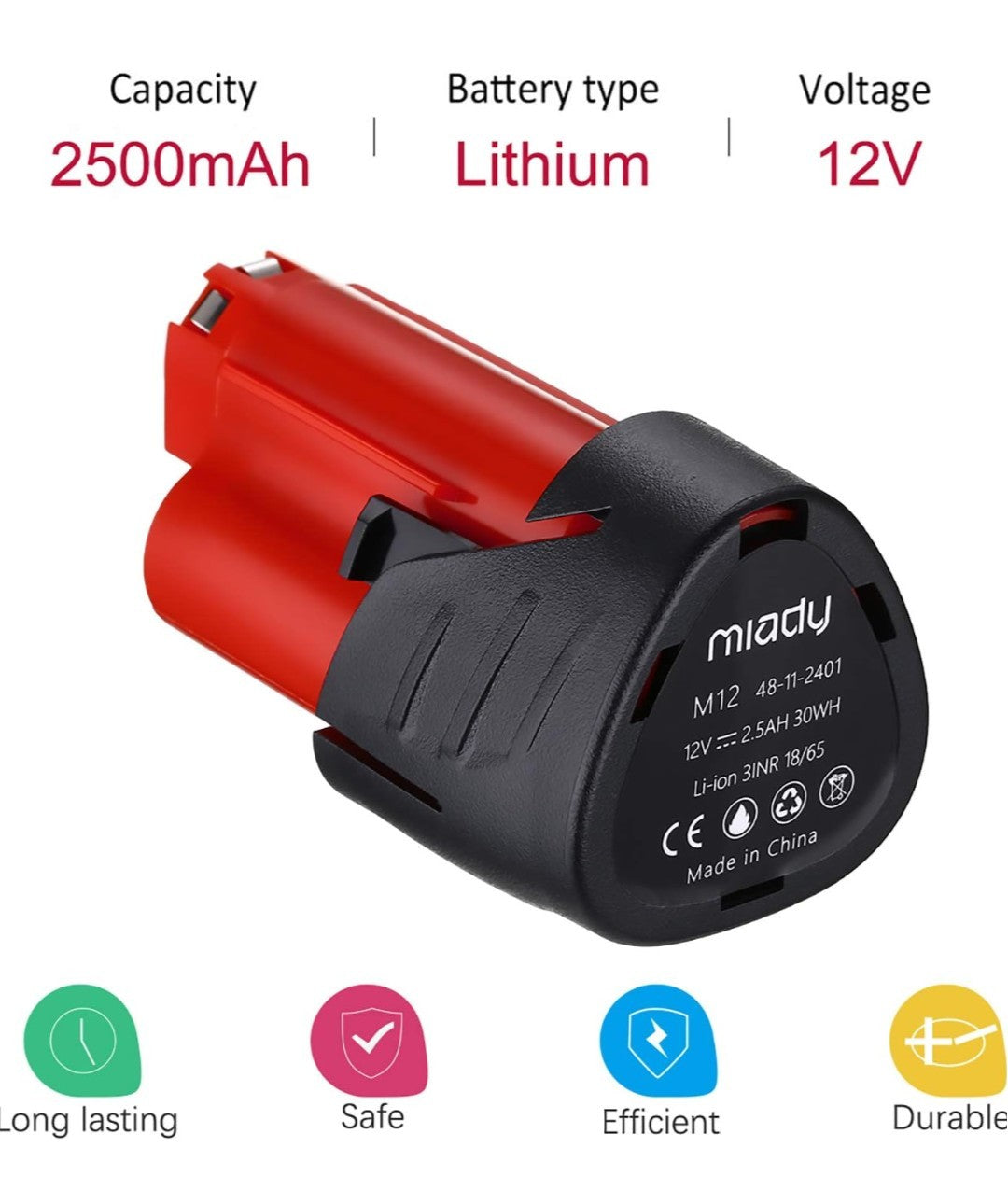 Miady Drill Battery 2-Pack 12V 2.5Ah Miady Replacement Battery Milwaukee