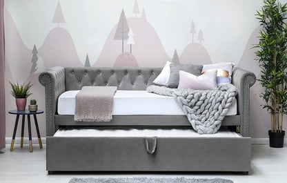 Clarendon Grey Velvet Day Bed with Pull Out Trundle - Single - FRAME ONLY - SALE