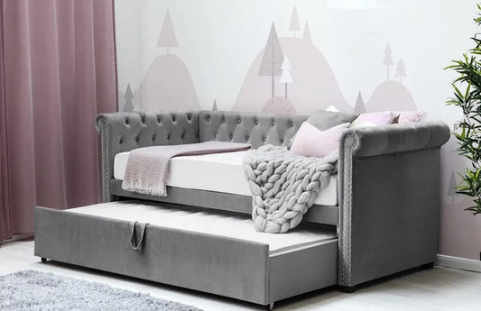 Clarendon Grey Velvet Day Bed with Pull Out Trundle - Single - FRAME ONLY - SALE