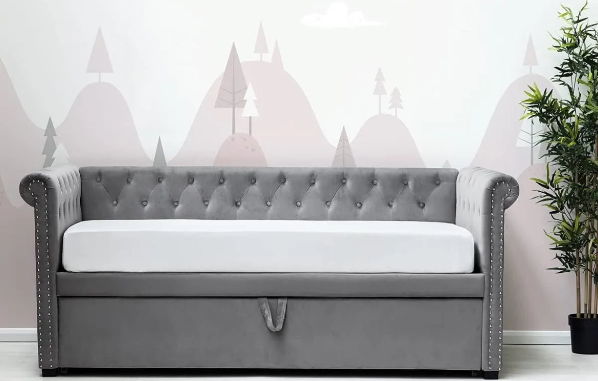 Clarendon Grey Velvet Day Bed with Pull Out Trundle - Single - FRAME ONLY - SALE