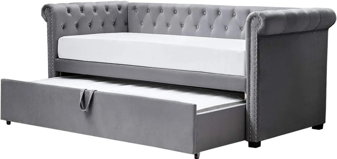 Clarendon Grey Velvet Day Bed with Pull Out Trundle - Single - FRAME ONLY - SALE