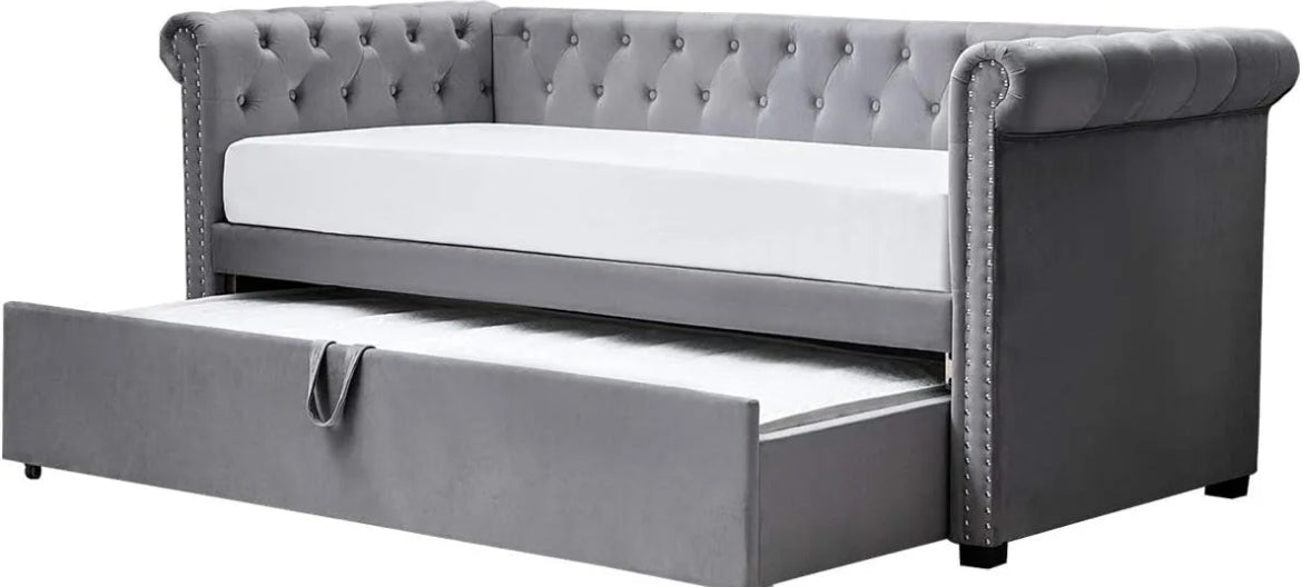 Clarendon Grey Velvet Day Bed with Pull Out Trundle - Single - FRAME ONLY - SALE