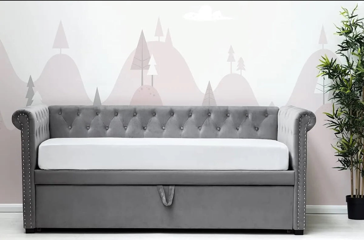 Clarendon Grey Velvet Day Bed with Pull Out Trundle - Single - FRAME ONLY - SALE