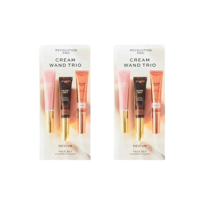 2 x Revolution Pro Cream Face Wand Trio, Cream Contour, Blush & Highlighter Makeup Set, Vegan & Cruelty-Free, Medium, 1x12ml, 2x15ml